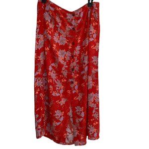 FREE PEOPLE SZ 10 ORANGE PURPLE FLORAL BUTTON FRONT MIDI FRONT SLIT BOHO SIRT